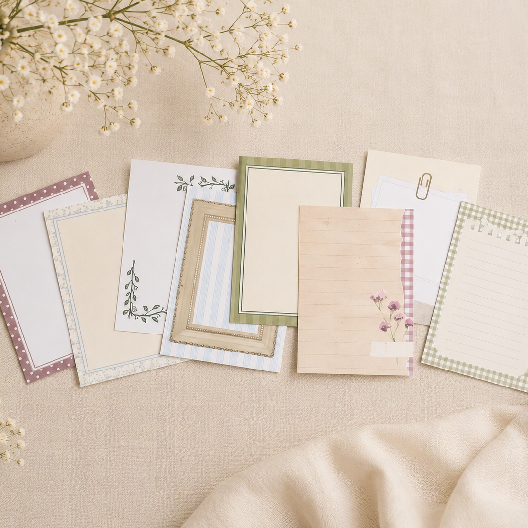 Set of stationery items including cards and envelopes on a beige surface with flowers.