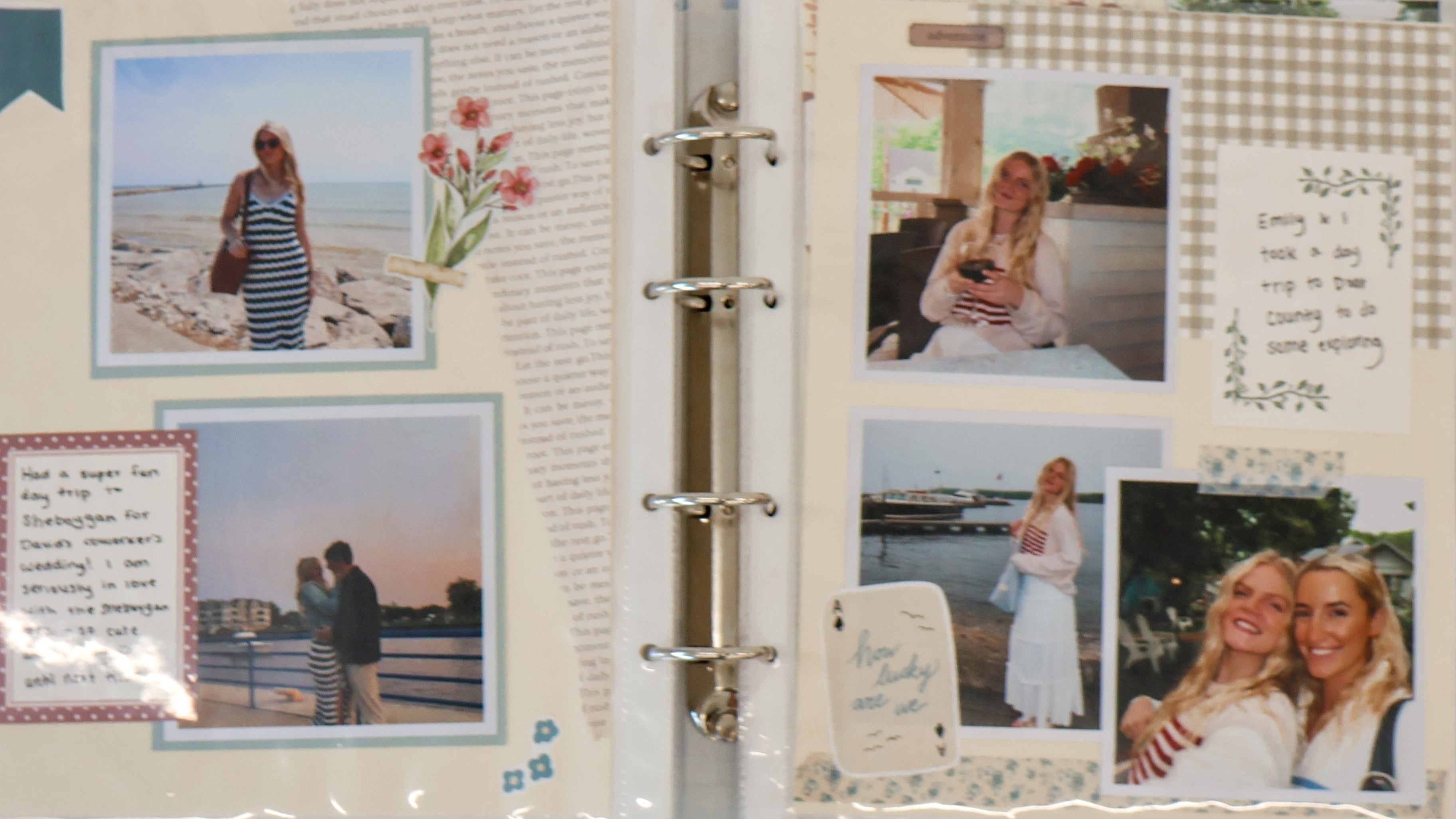 Open photo album with various pictures on a white background