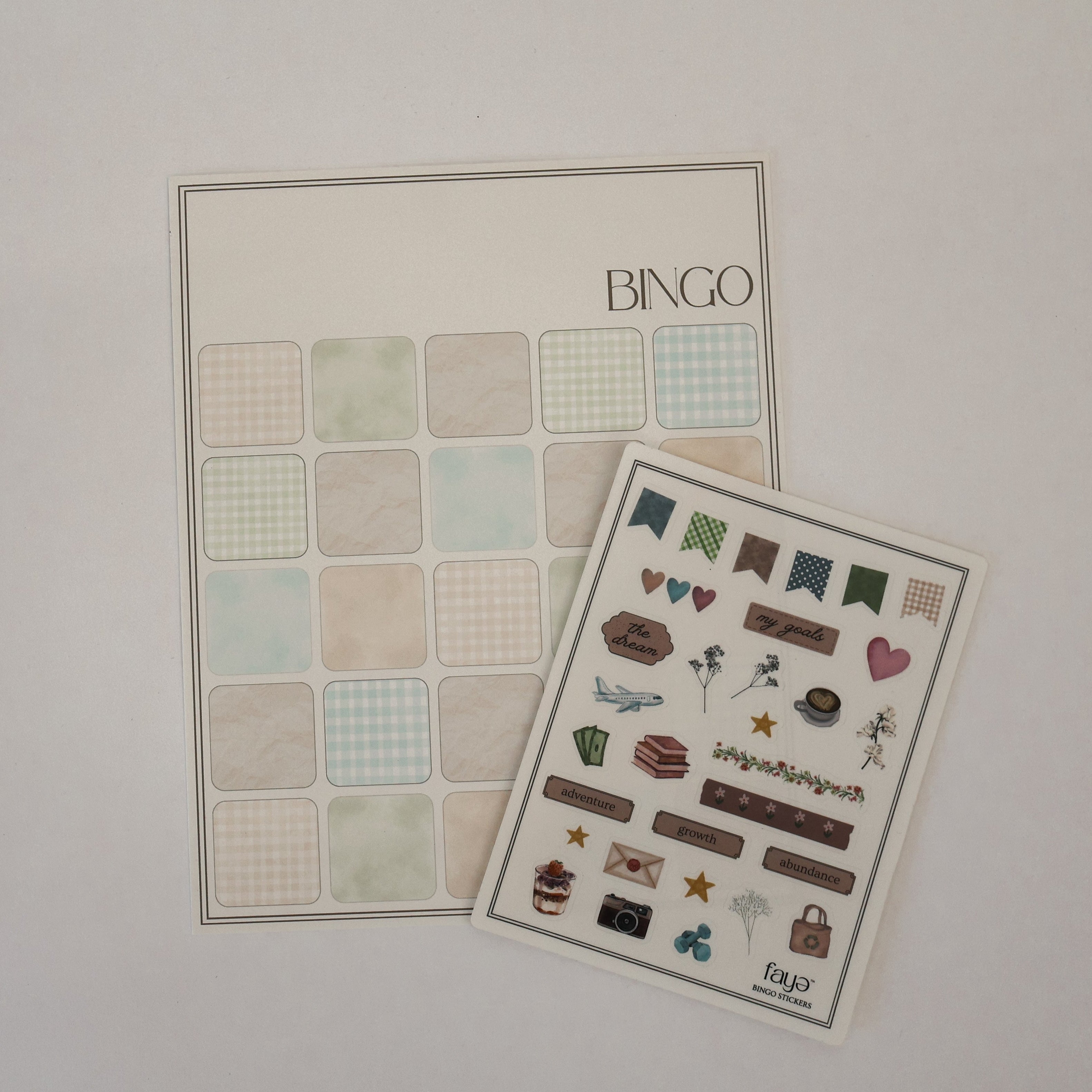 Bingo sheet with stickers on a plain background