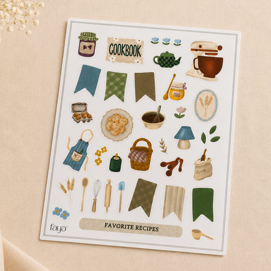 Sheet of decorative stickers with kitchen-themed illustrations on a beige surface.
