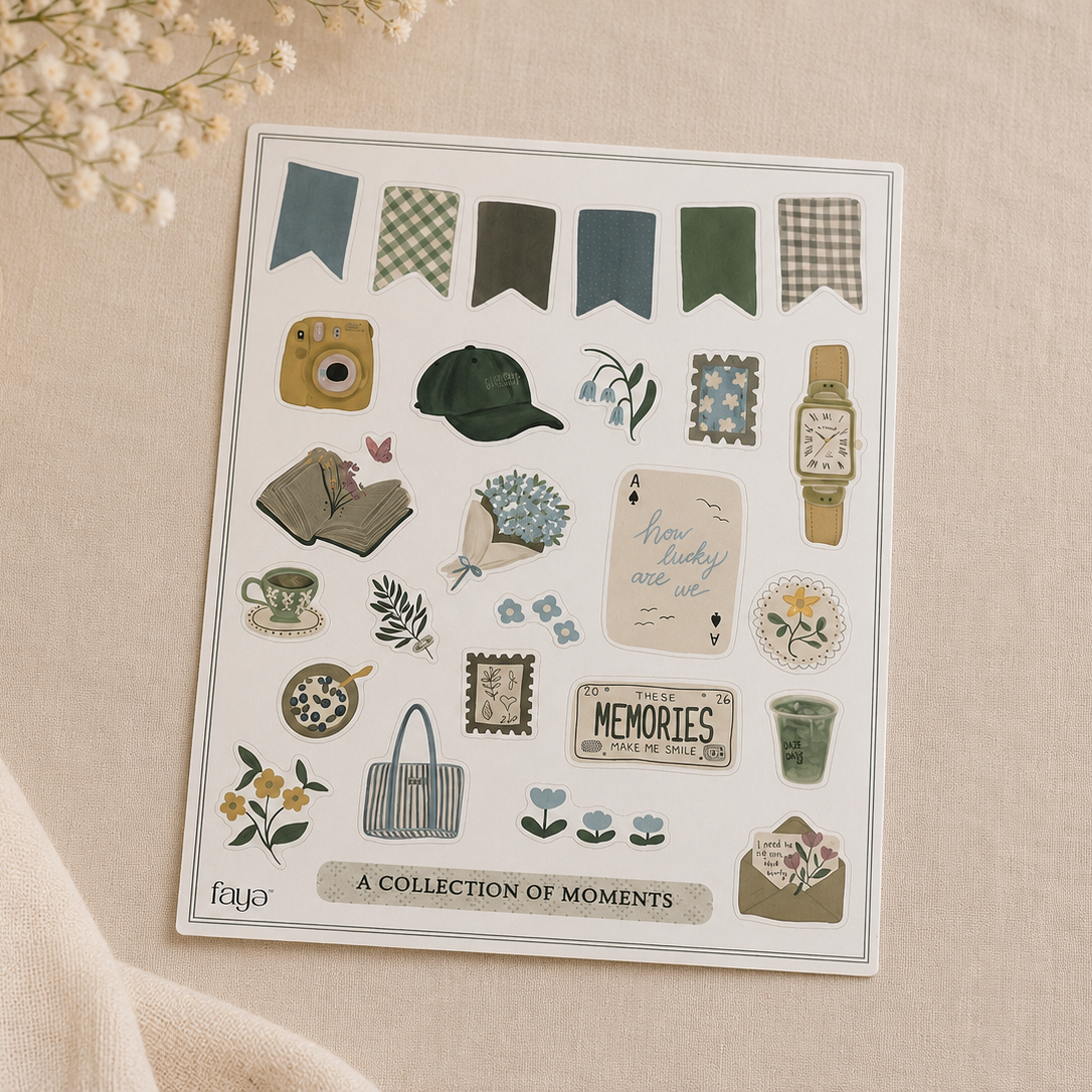 Sheet of decorative stickers with various designs on a beige surface.