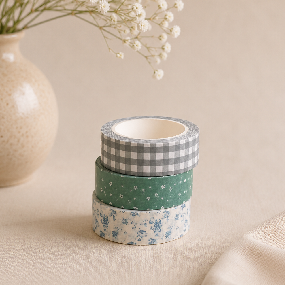 Stack of washi tape with floral and checkered patterns on a beige surface with a vase of flowers.