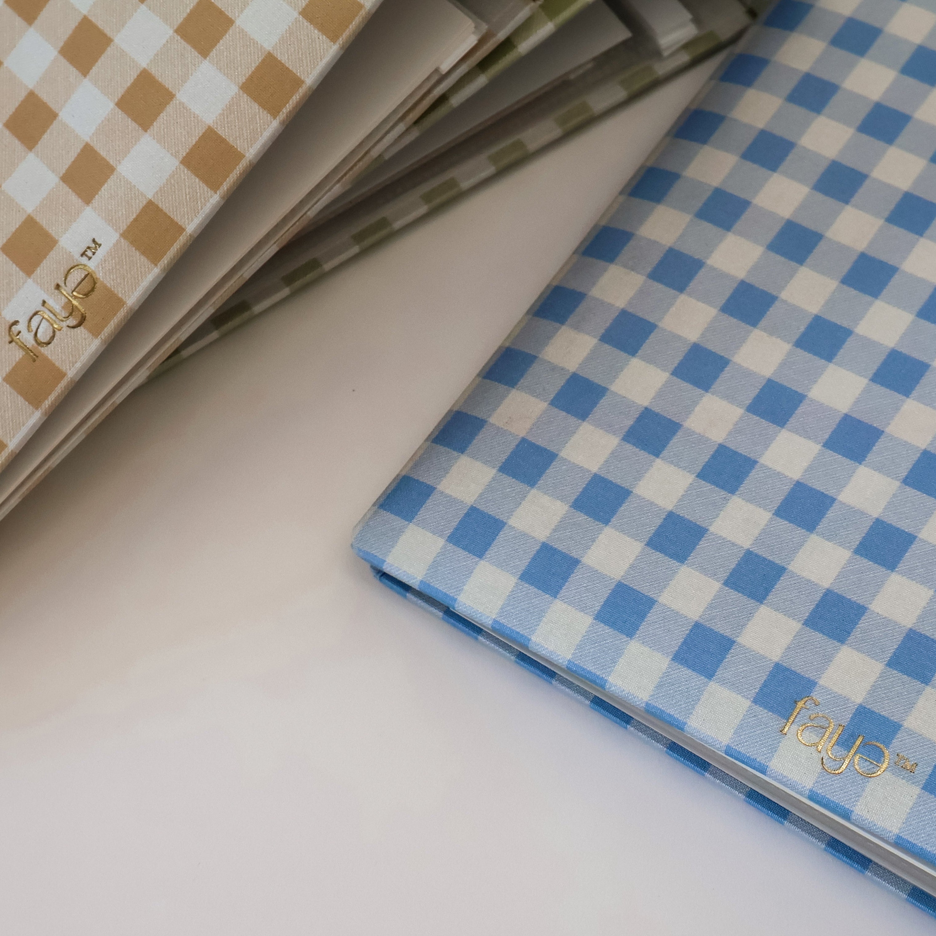 Two checkered scrapbooks, one blue and white and one brown and white, on a light surface.